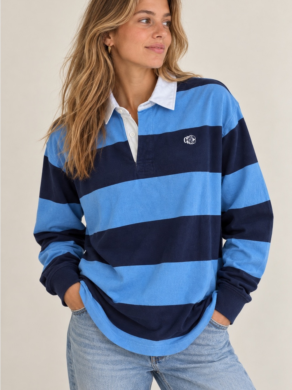Maine & Ivy Preppy Striped Rugby Long-Sleeve Light Blue/Navy Size Medium Unisex